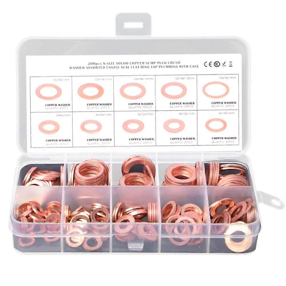 200piece Oring copper metric washer assortment set, copper washers, 9 sizes M5 M6 M8 M10 M12 M14 Ref: 7255