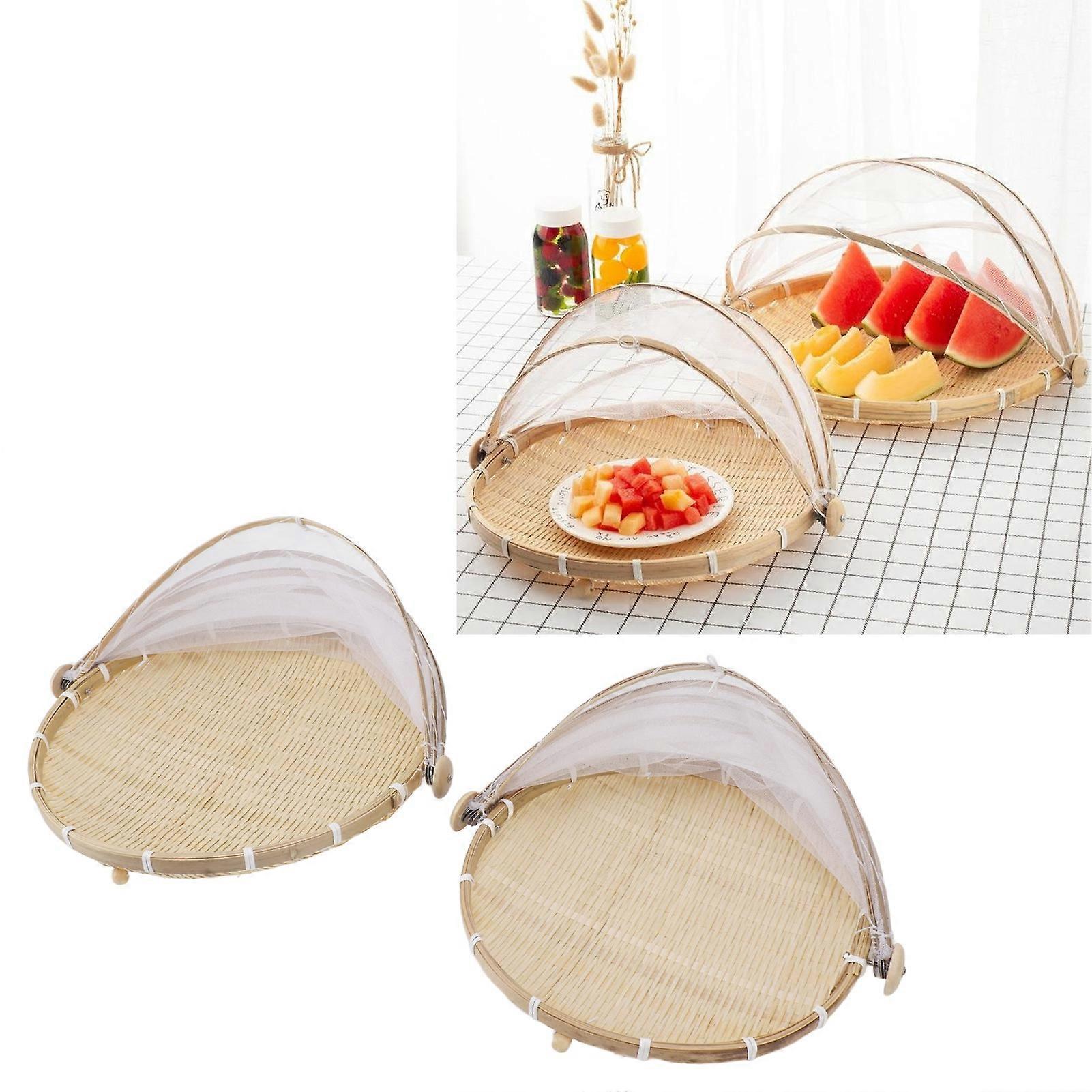 2Pcs Bamboo Food Serving Tent Basket with Mesh Cover, Round