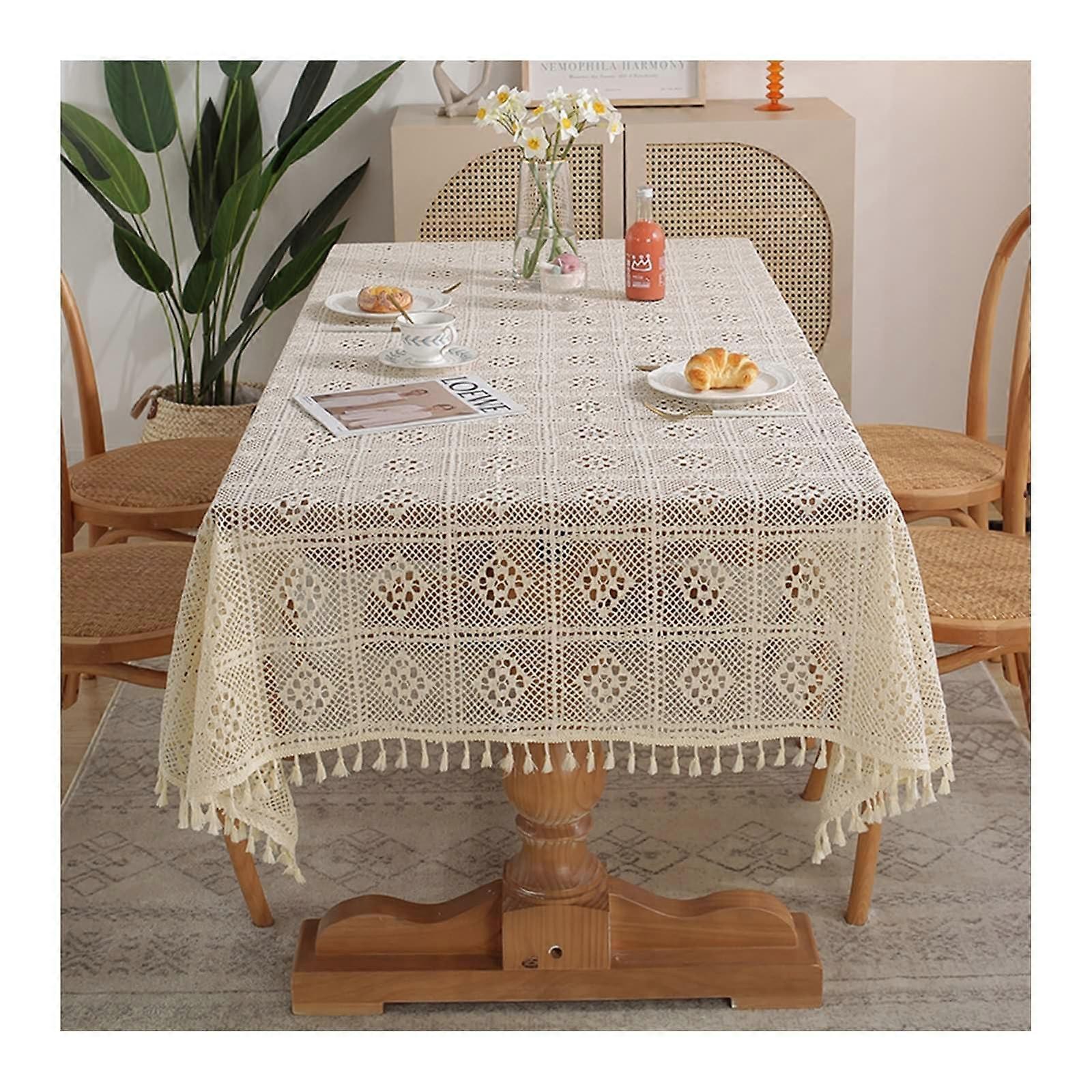 Rectangular Tablecloth 140x140 cm, Washable Polyester Cotton Checkered Pattern with Fringes, Beige Kitchen Dining Decor