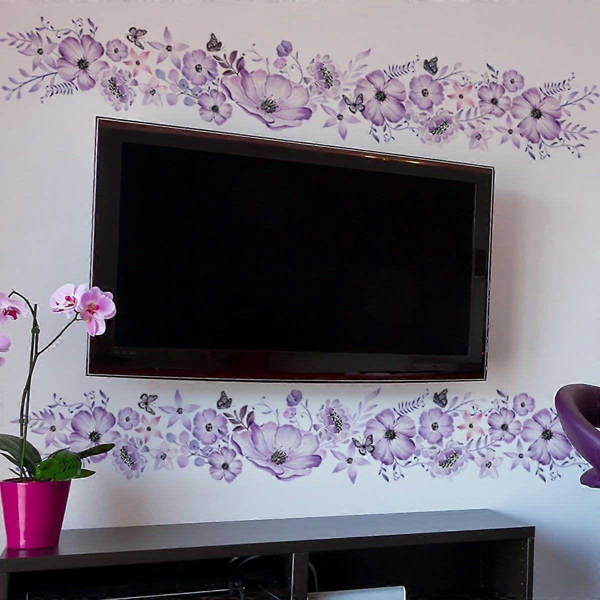 Wall Tattoo Purple Flowers Vine Wall Stickers 2 x Butterflies for Living Room Bedroom Kitchen Office Children's Room Decor