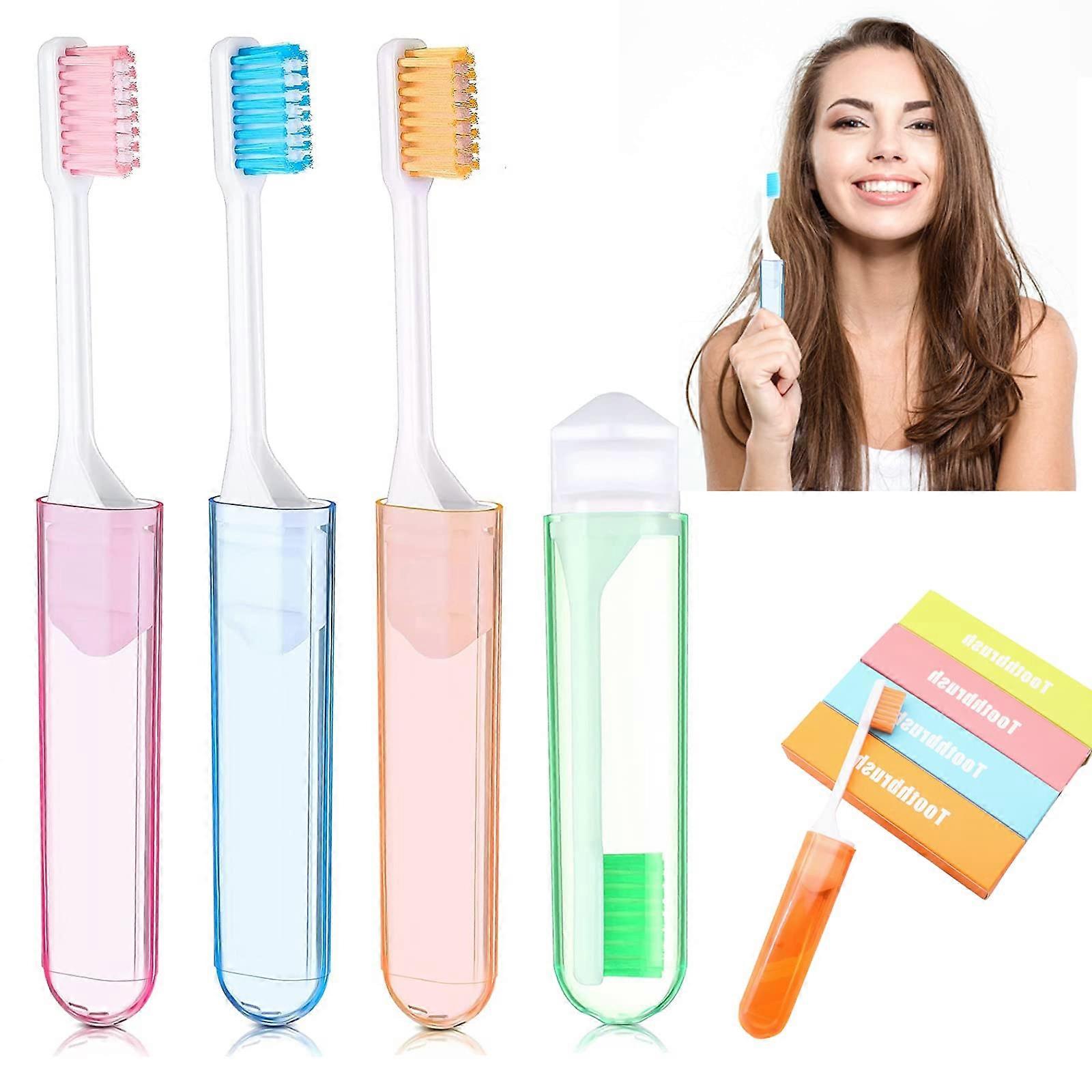 Travel Toothbrush Set - 4 Portable Foldable Soft Toothbrushes with Soft Bristles for Camping and Travel, Mini Size