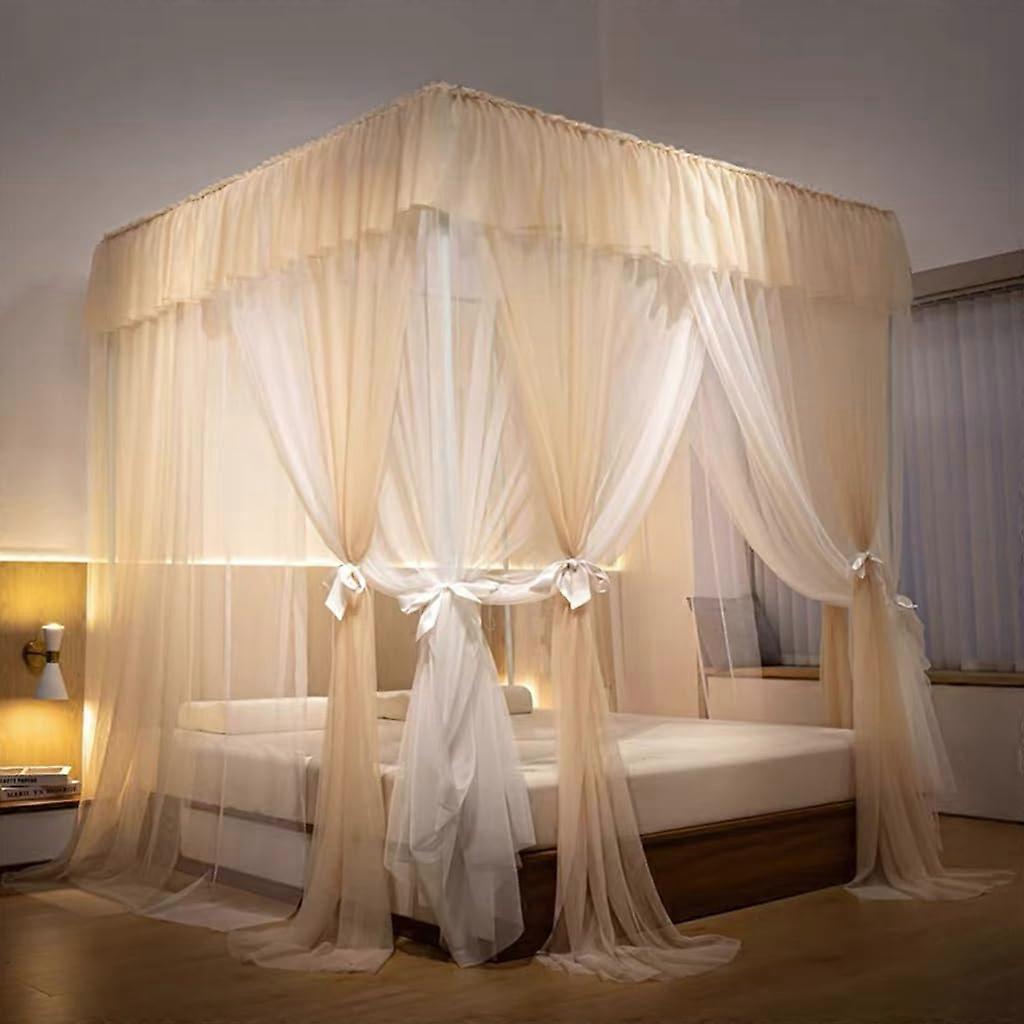 Mosquito net with 4 corners, doublelayered, canopy curtain with ruffles, 3 openings, net for girls and adults, bedroom decoration (Champagne, full).