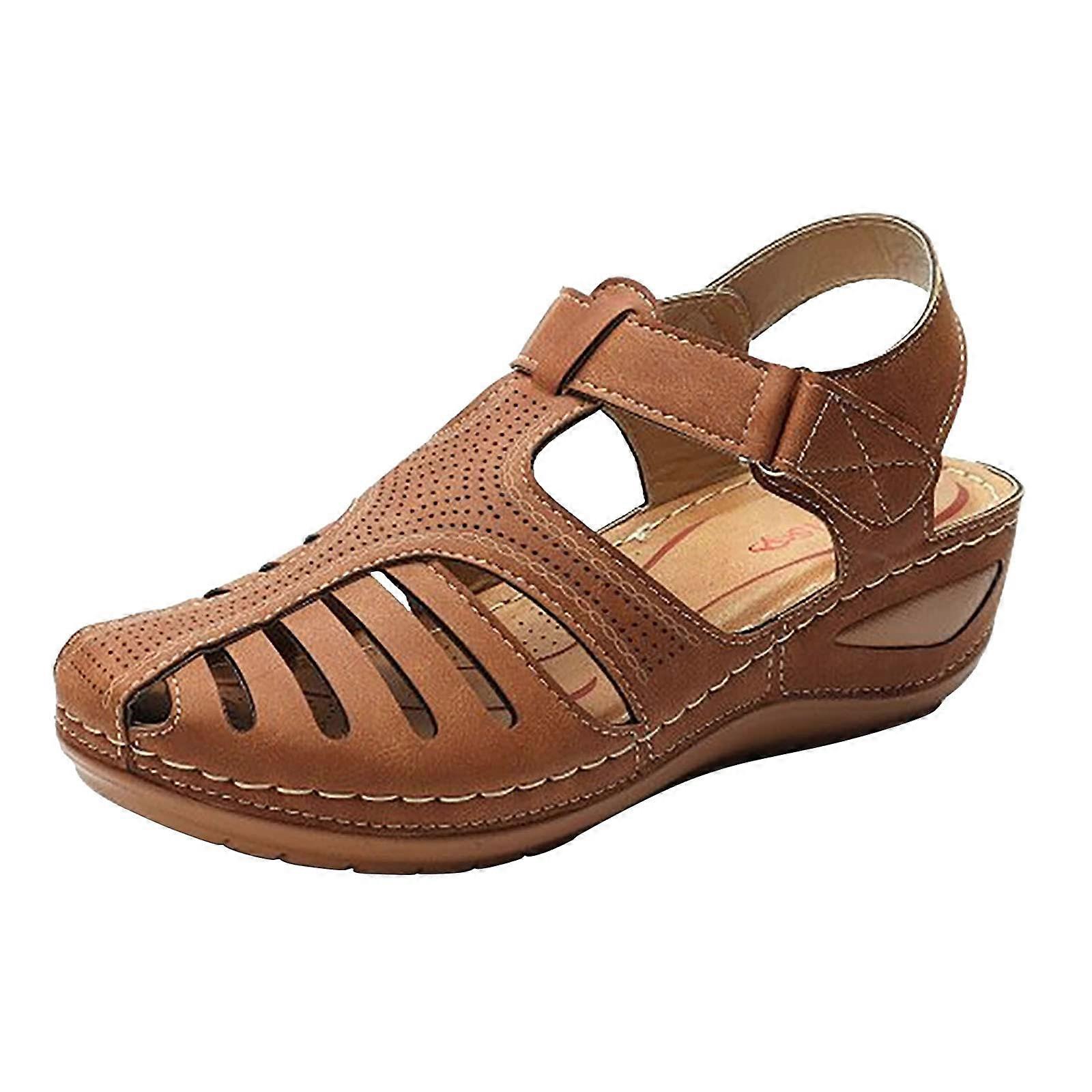 Ladies' Round Toe Sandals with Hollow Sole, Soft Comfortable Design, Brown Heels, Size 40.5 EU