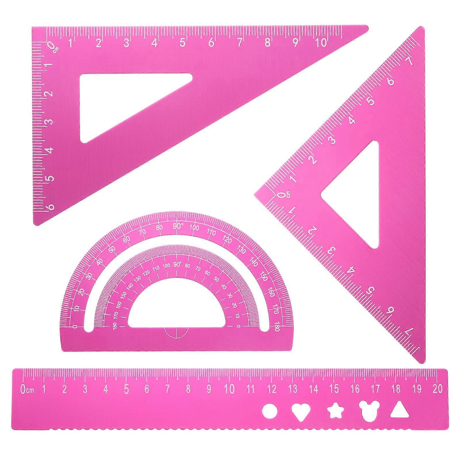 Triangular Ruler Set Pink Aluminum 20 Mm Wide With Protractor And Engineering Scale - 4-Piece For Office And Home
