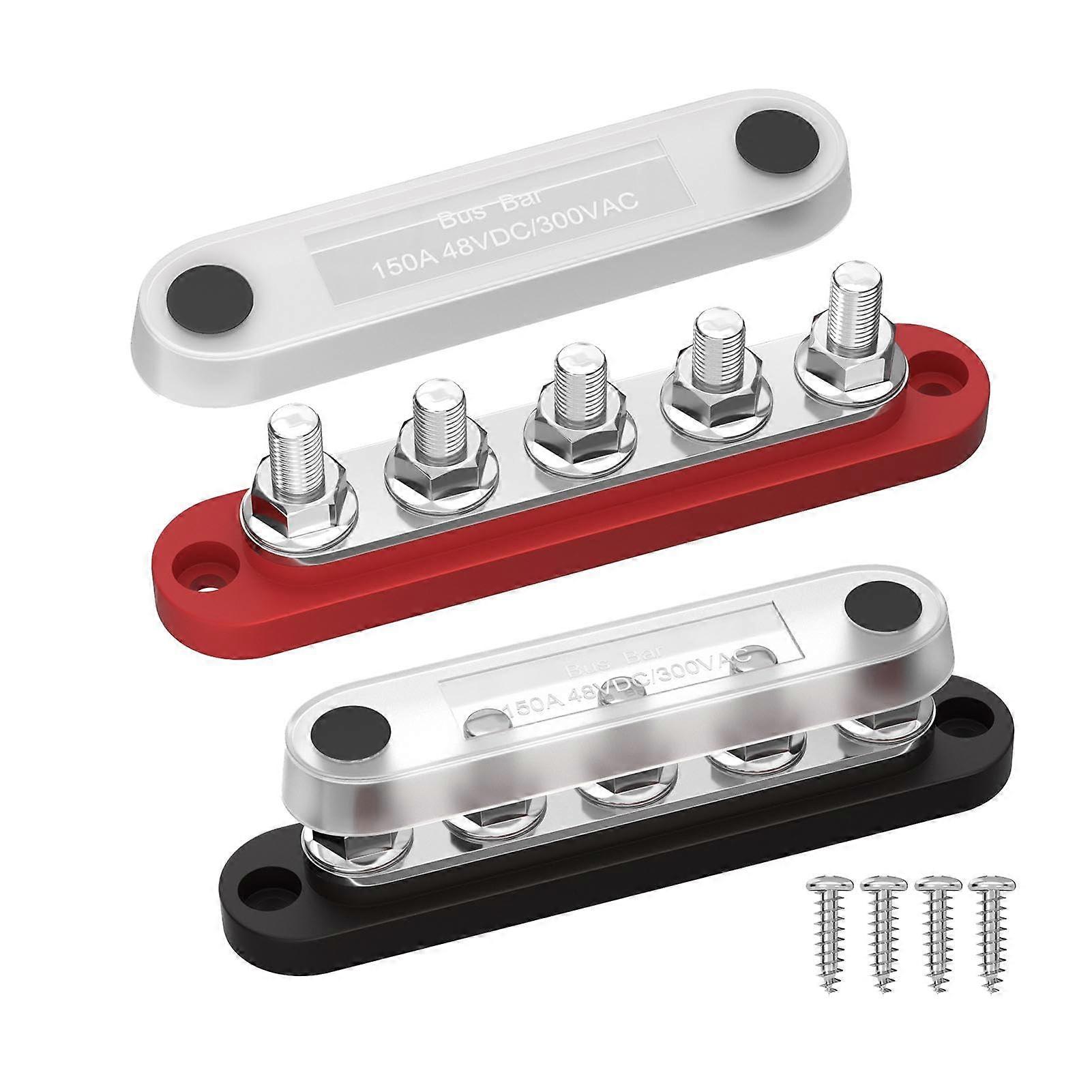 Busbar Terminal Block  Power Distribution Terminal Block, Red and Black Busbar  Durable CopperNylon Rails