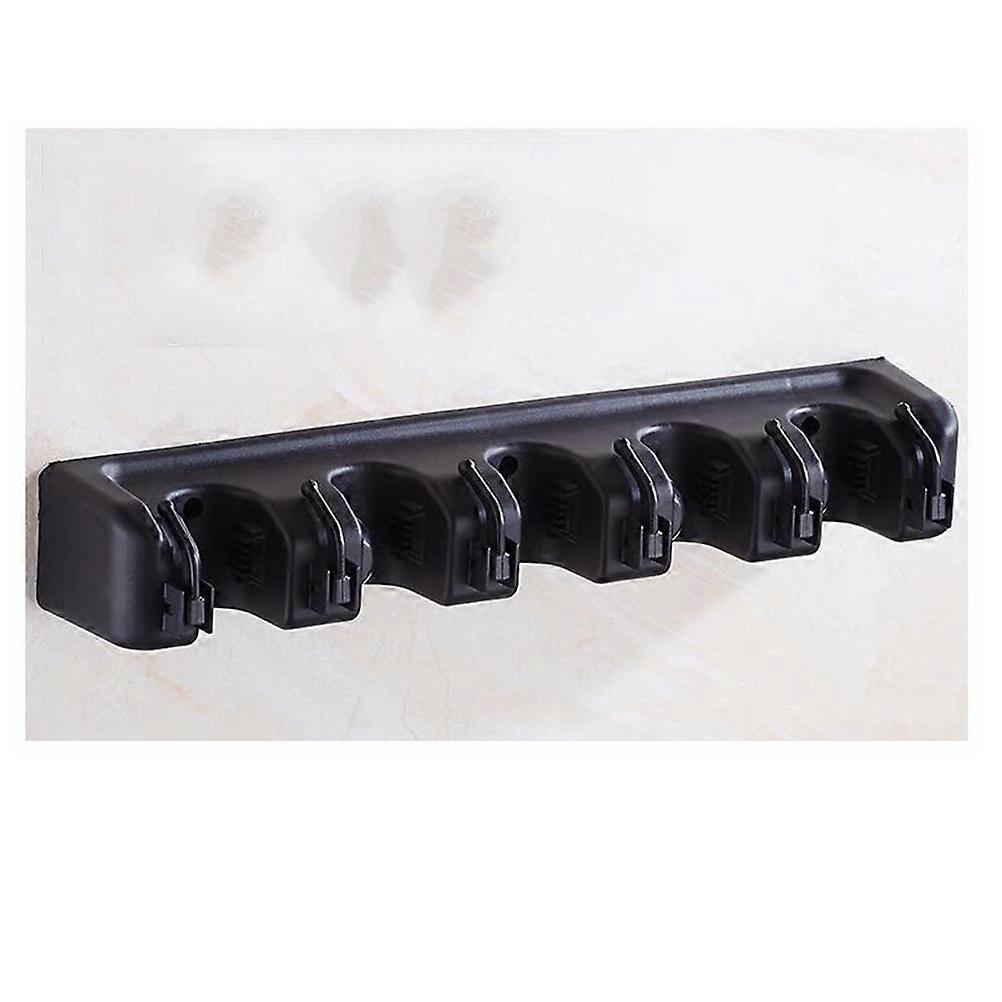 Wall Mounted Mop Holder for Home Use Black Plastic 5 Positions with 6 Hooks Space Saving Storage Solution