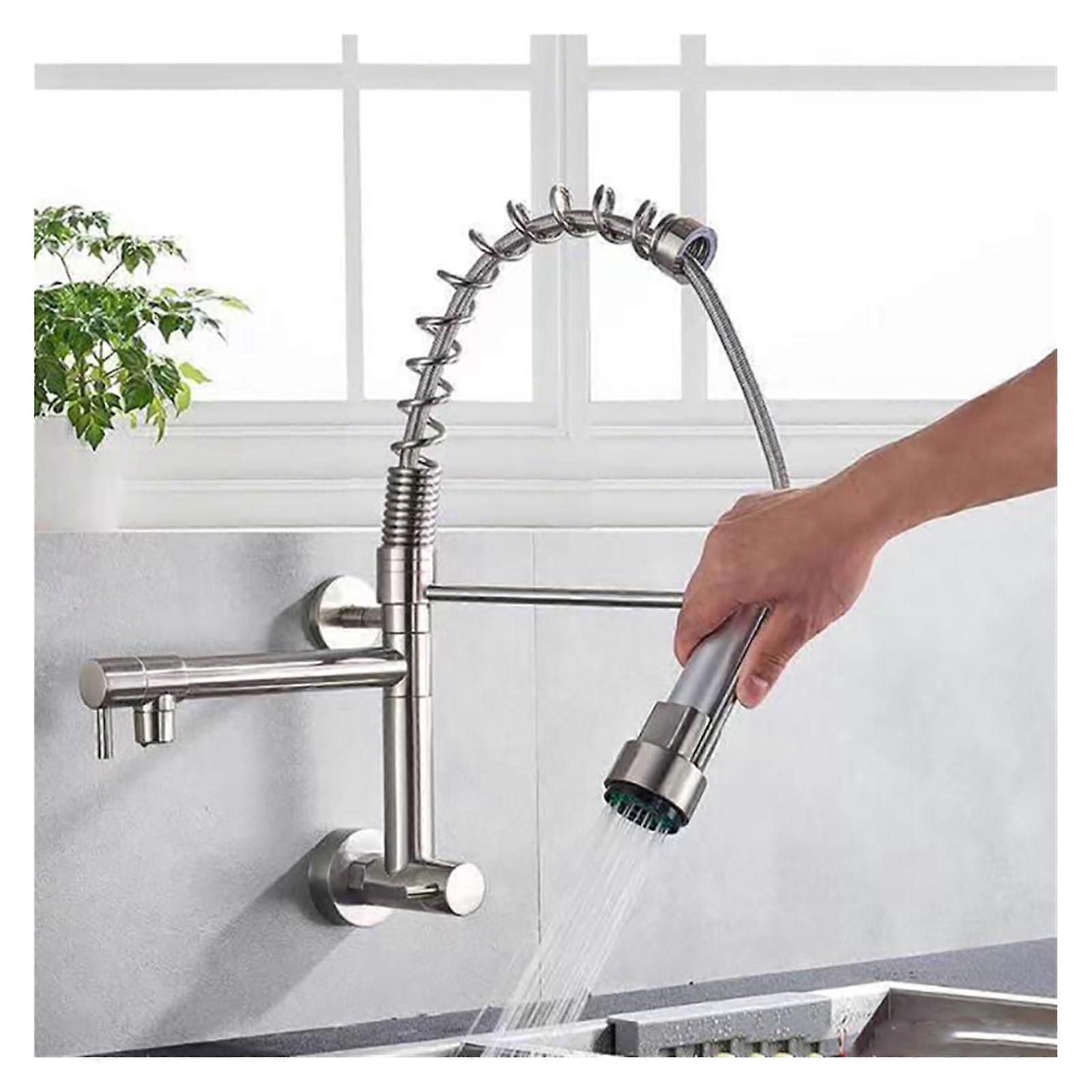 Ornaments Kitchen Pull Down Faucet Chrome Single Cold Water Wall-Mounted 360° Rotation Dual Function Spray Nickel Finish