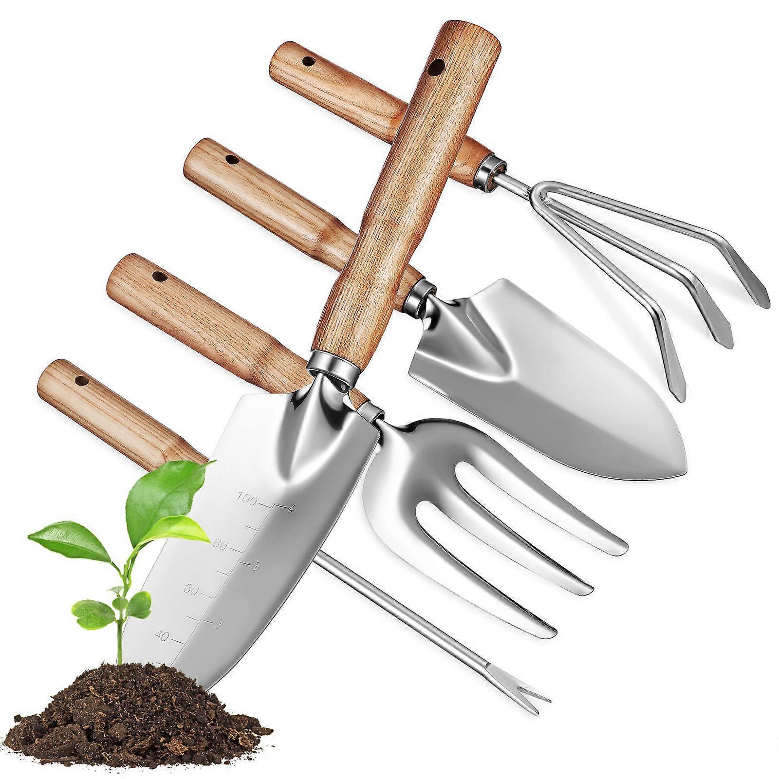 Light Grey Garden Tools Set with Wooden Handles Durable Stainless Steel MultiFunctional for Gardening Use 5 Piece Set
