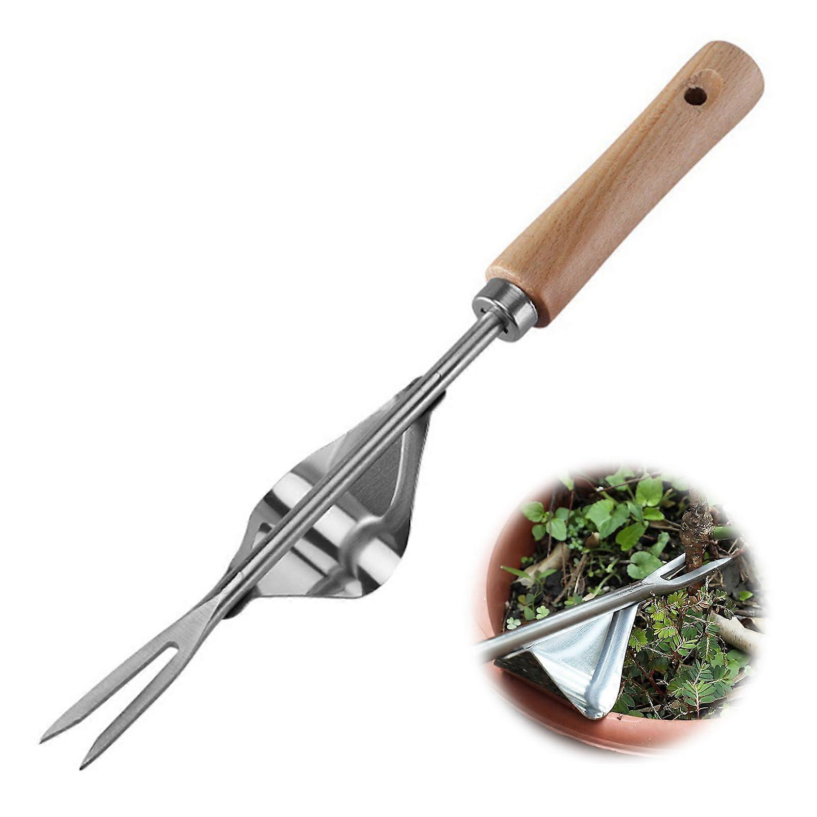 Hand Weeder Tool for Garden, Stainless Steel Manual Weeder with Wooden Handle, Weed Root Scraper for Digging and Loosening (Large)