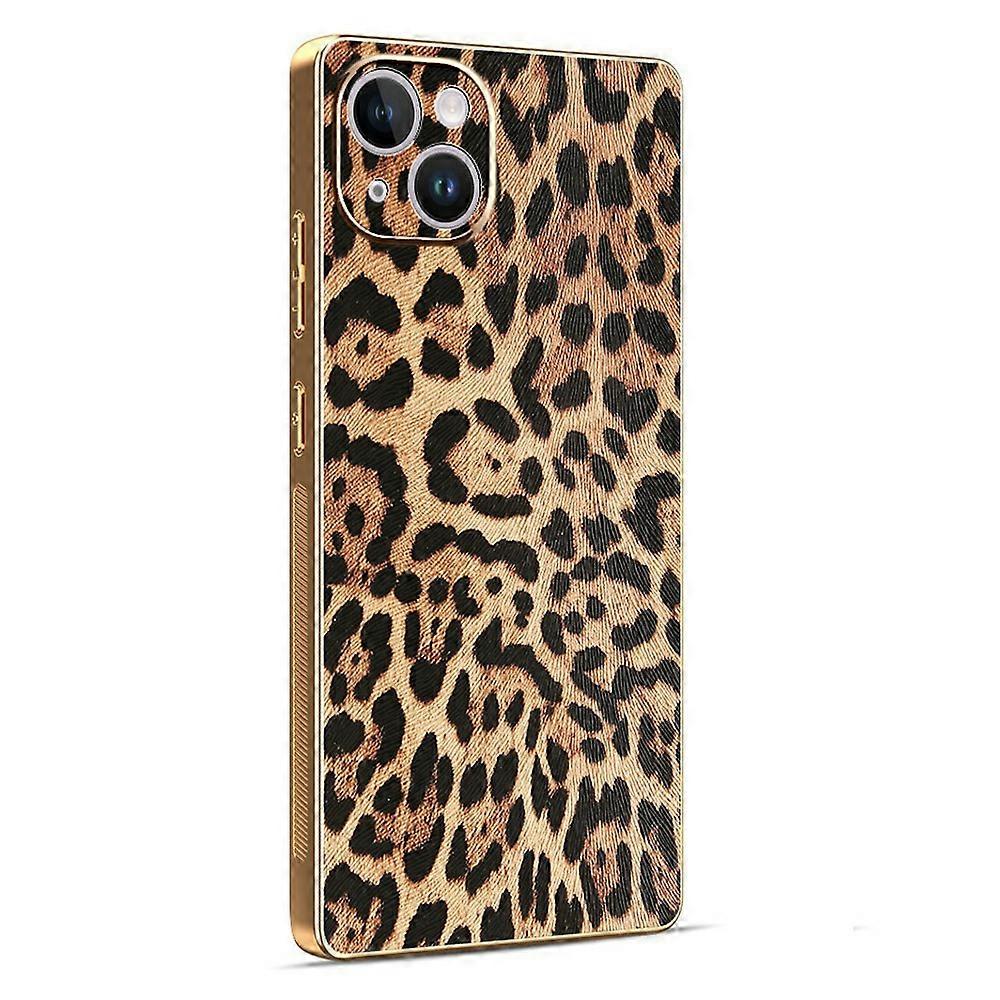 Compatible For iPhone 14 Case Leopard Print PU Leather Coated PC + TPU Electroplating Phone Cover
