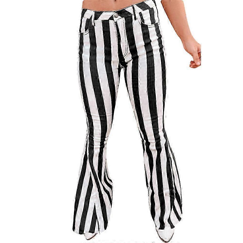 Bayan Çizgili Çan Alt Kot Pantolon Ham Hem Flared Denim Pantolon