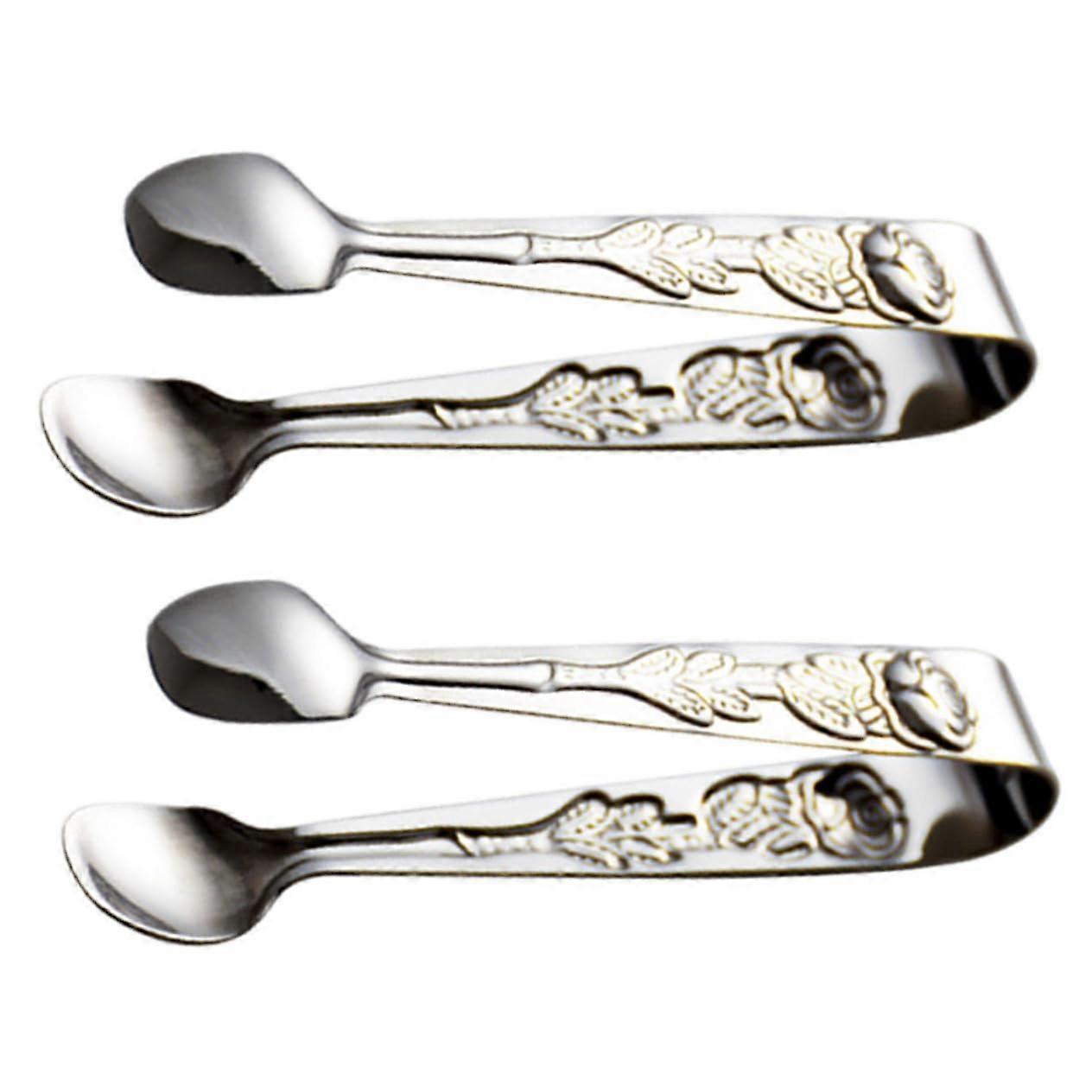 Stainless Steel Serving Tongs 2pcs Set with Ice Cube Clips for Food Storage 10.5x1.7x3cm Beautiful Silver Pattern