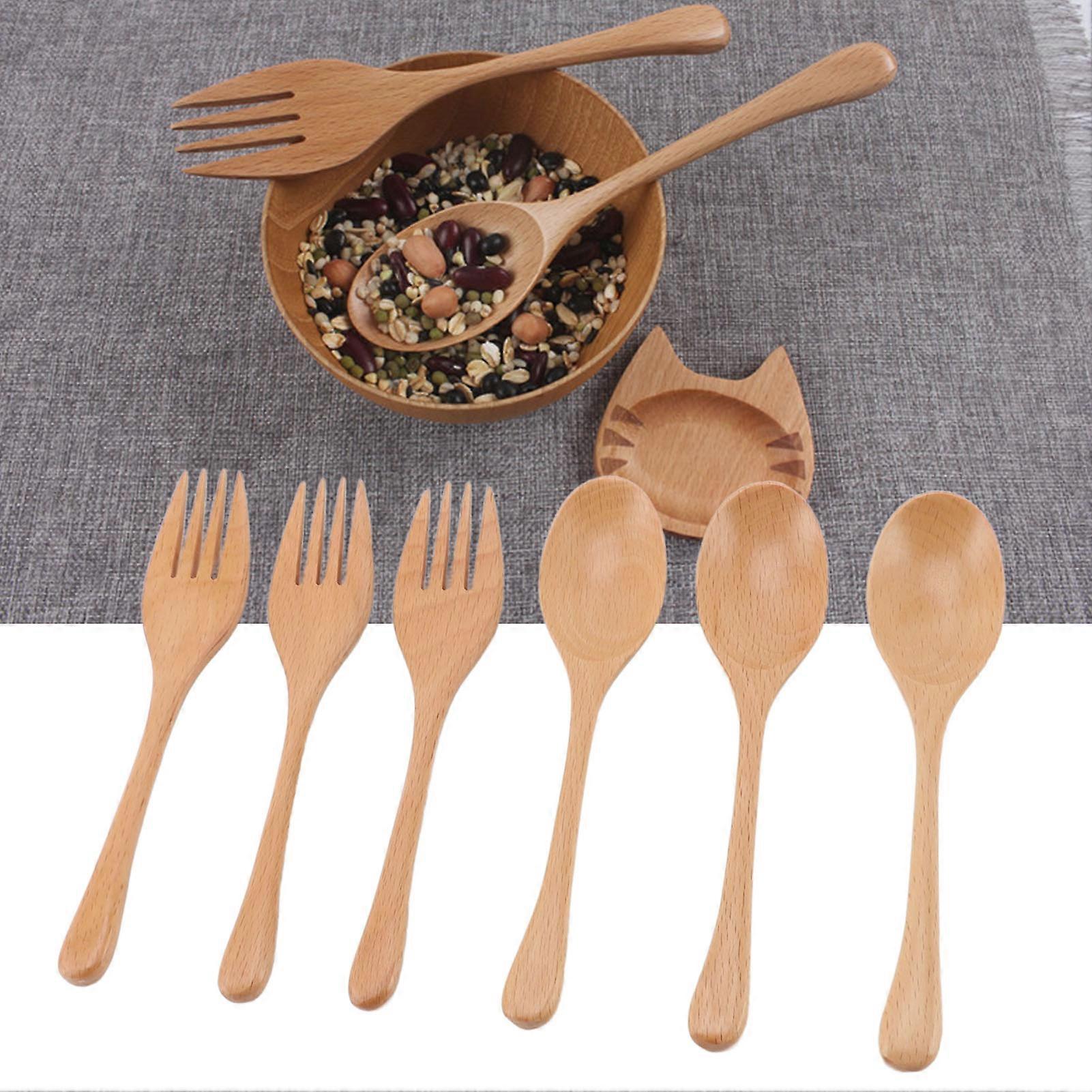 3 Sets Japanese Style Beech Wood Fork & Spoon Utensil Set
