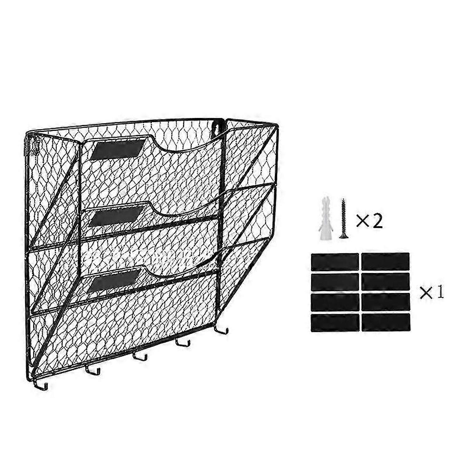 3 Tier Metal Mesh File Organizer Holder Hanging Mail Rack with Hooks Letter Document Magazine Office