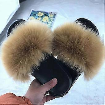 Womens Flat Faux Fur Fluffy Sandals Slip On Slippers Stylish Shoes