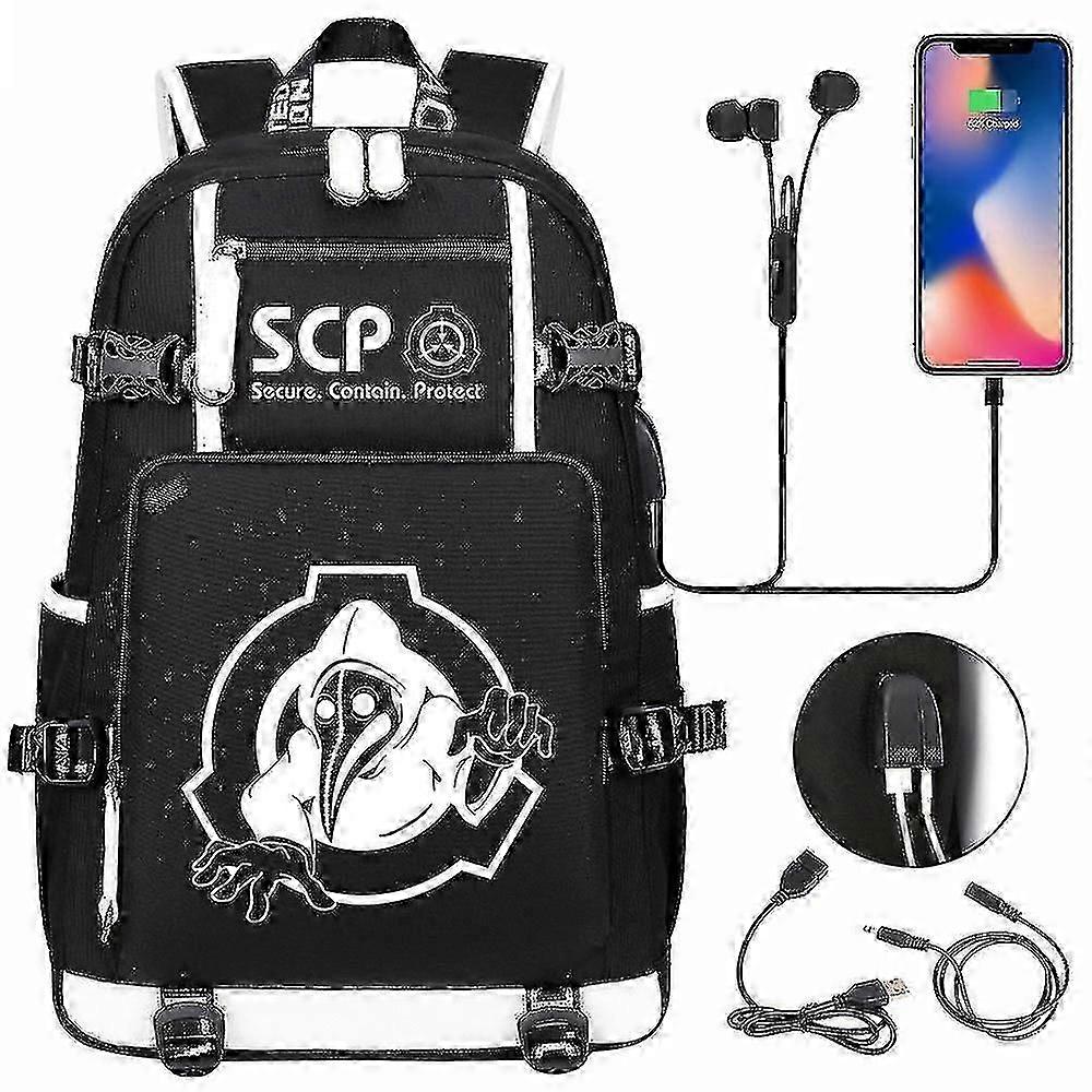 Scp Foundation Mochila Preta Saco Escolar dos Desenhos Animados Para Crianças Adolescentes | Bagpack de viagem com usb, sacos de ombro do portátil