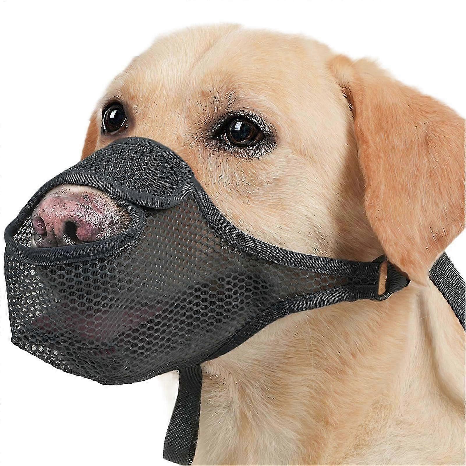 Adjustable soft mesh dog muzzle, gentle bark control, prevents biting and excessive licking, suitable for home, vet visits, and training.