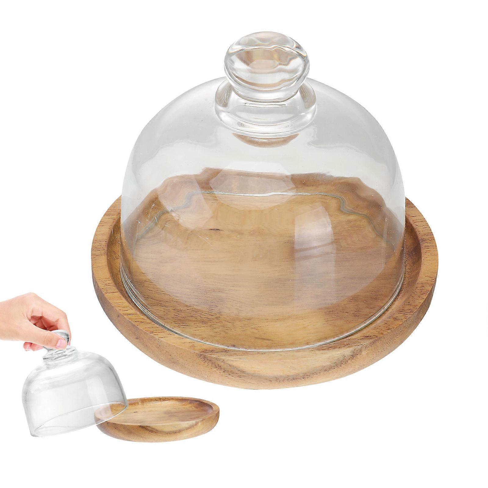 Light Brown Wood Cake Display Stand with Glass Dome for Decoration 2Sets
