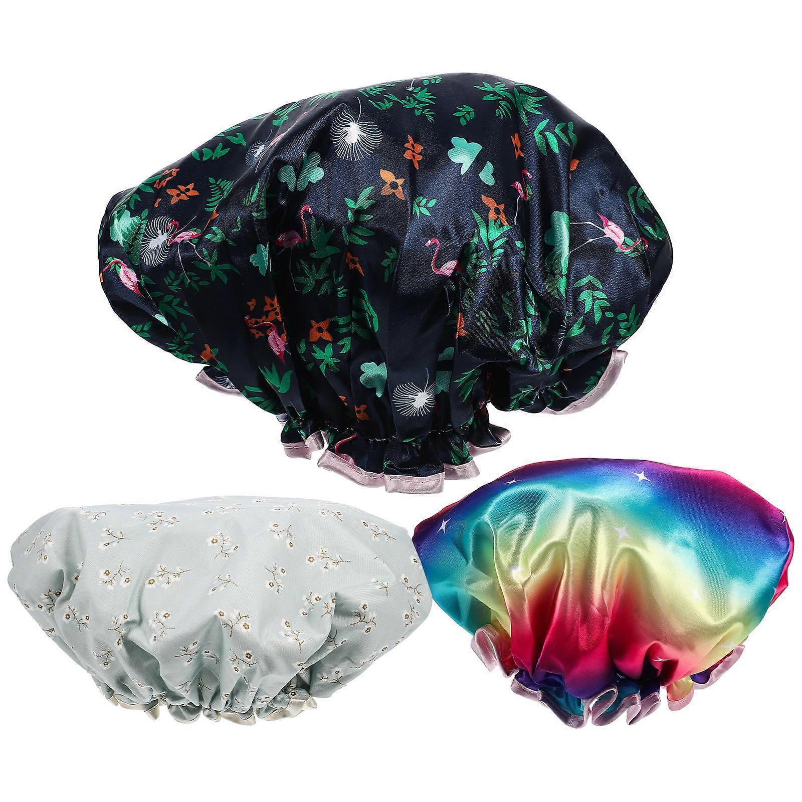 Reusable Waterproof Shower Cap Double Satin Bath Hat for Shower Use 3Pcs