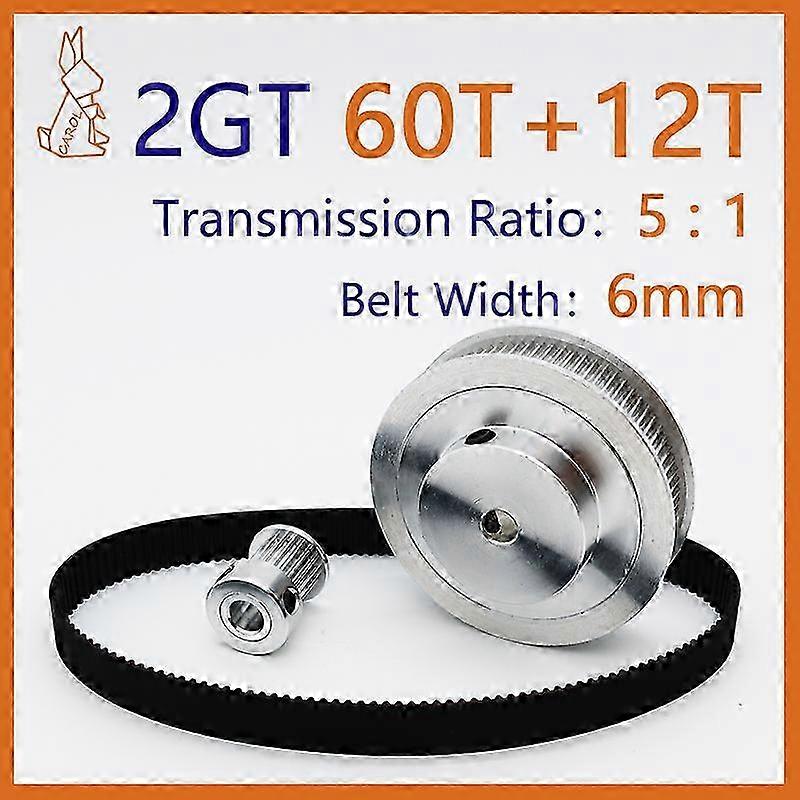60teeth 12teeth 2gt Timing Pulley Set Reduction 5:1 Belt Width 6mm 3d Printer Pulley 2m Synchronous Wheel 60t 12t Gt2 Pulley Kit