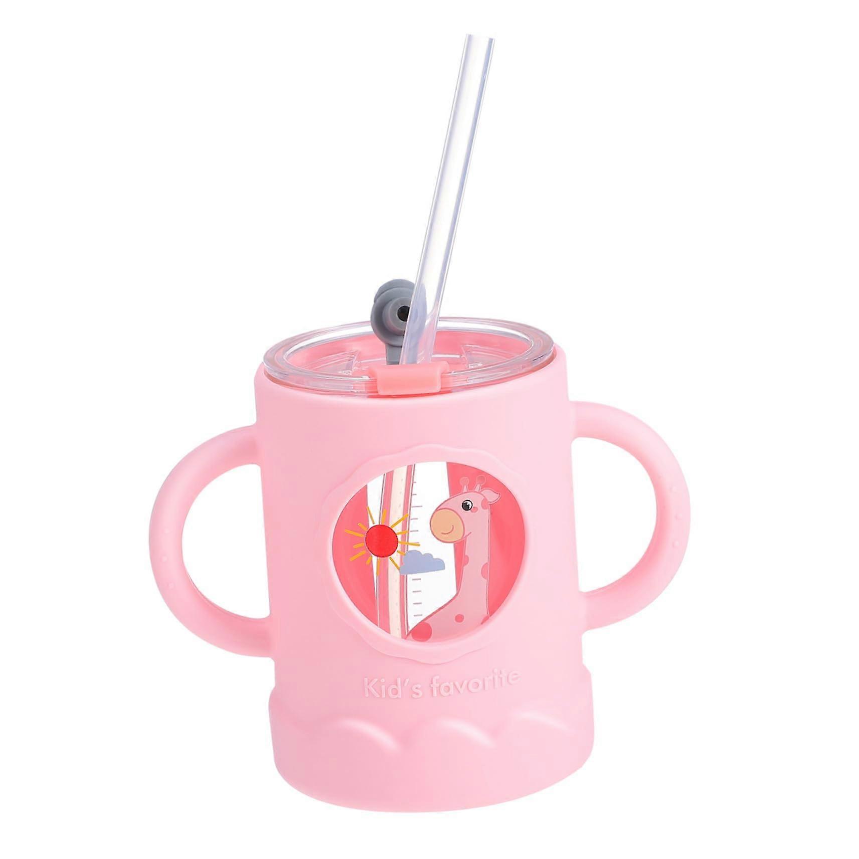 Cartoon Sippy Cup With Double Handles, Clear Measurement Scale, Water Bottle, Soft Straw For Milk And Juice Beverages