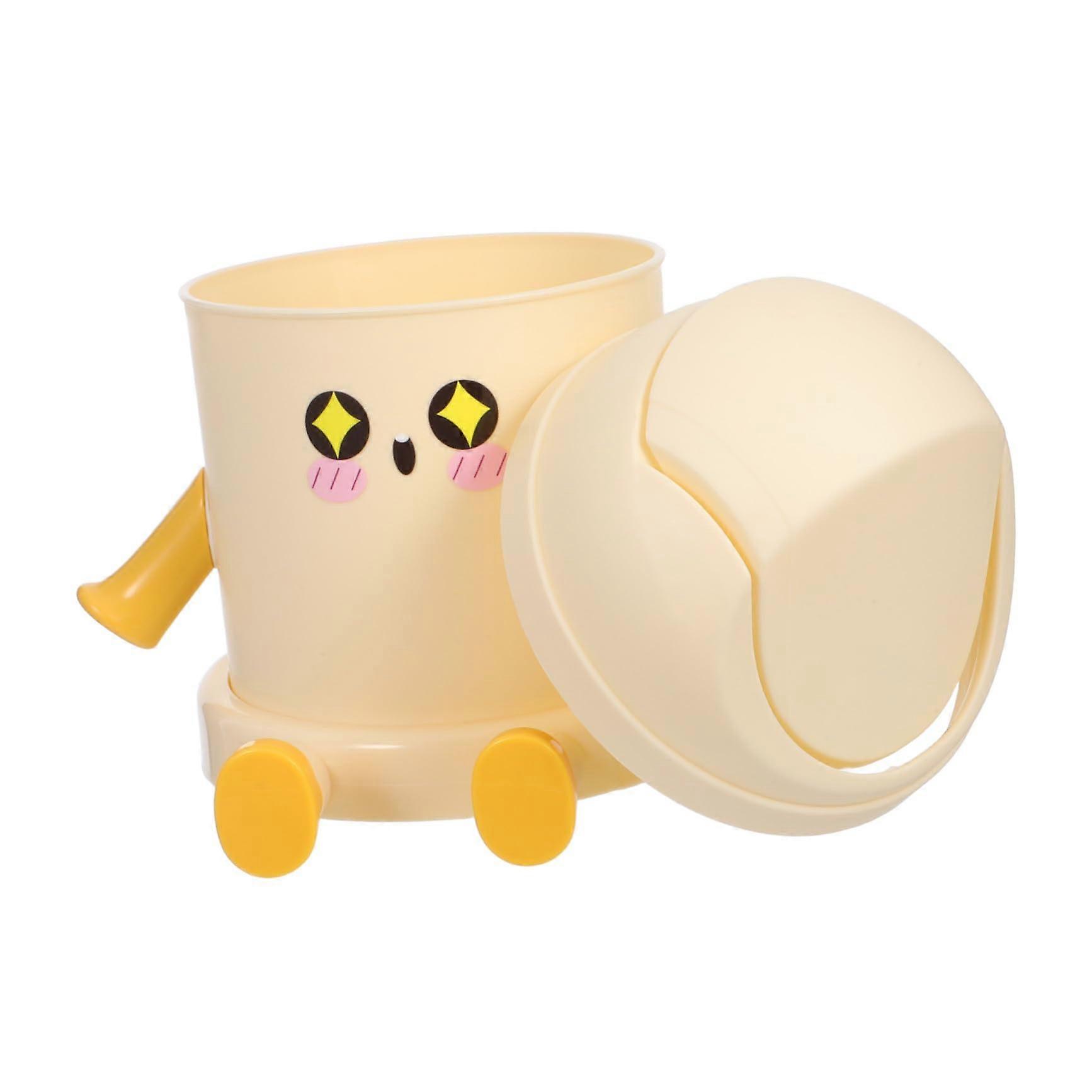 Cute Mini Desktop Trash Can With Swing Lid, PP Plastic, Compact Wastebasket For Office Kitchen Vanity Tabletop Beige