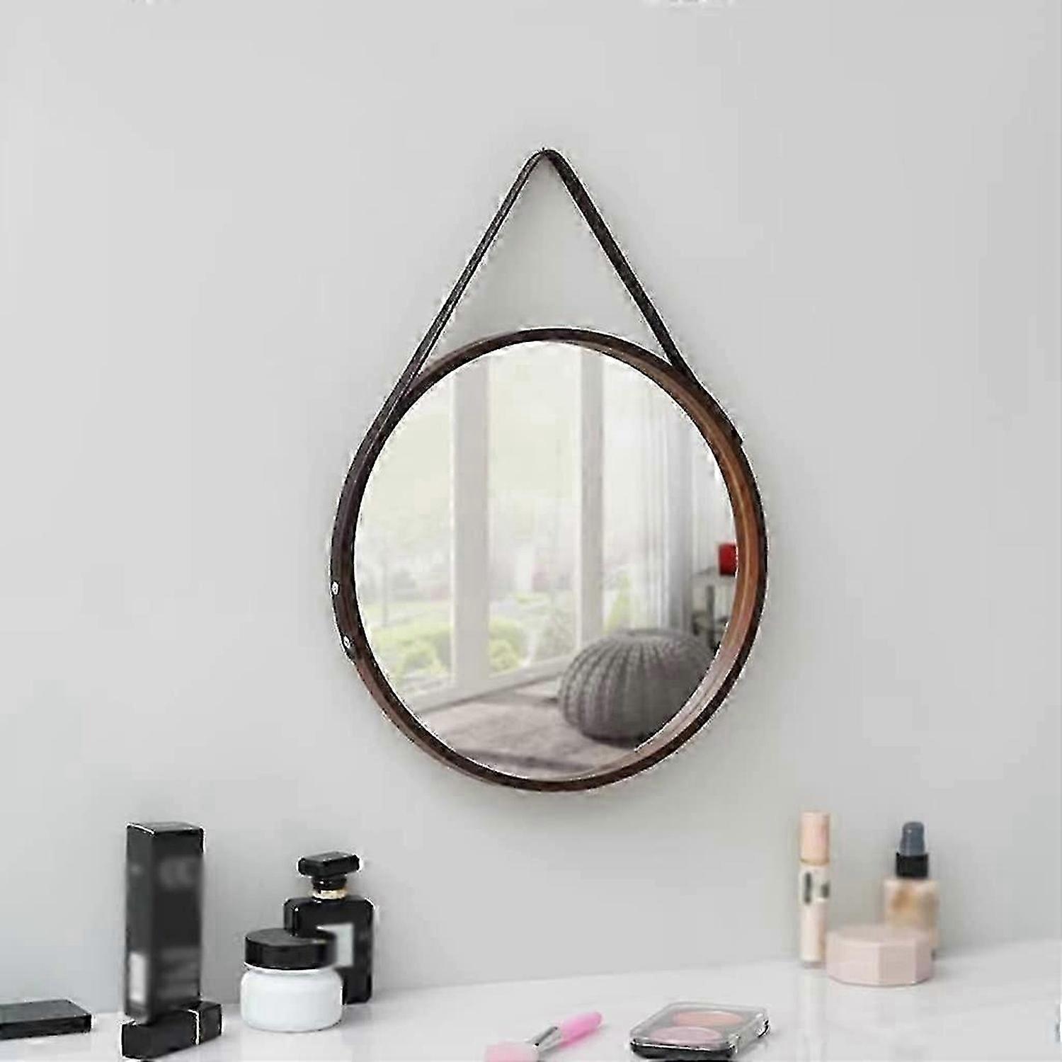 Nordic Wall Mounted Large Round Mirror, Leather Strap, Metal Frame for Bathroom etc. (Red Brown)