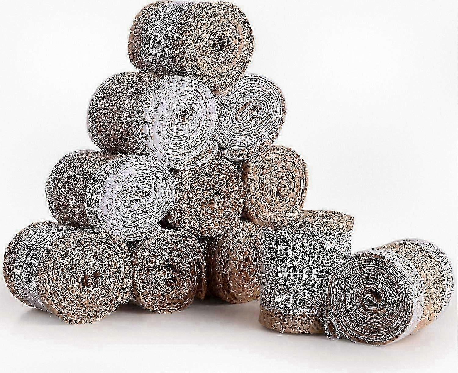 12 Rolls Natural Jute Ribbon with White Vintage Lace Trim, Hessian Craft Ribbon for DIY Projects
