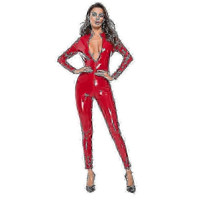 Kvinnors Latex Catsuit Lack Läder Bodysuit Metallic Jumpsuit