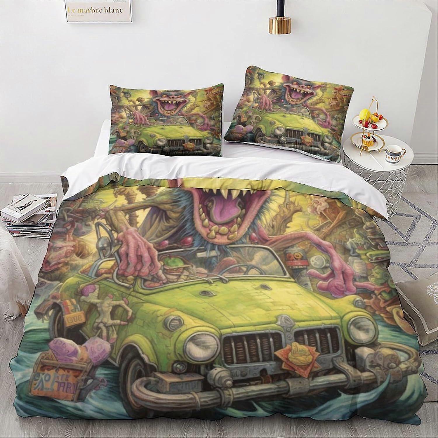 LikeEj 3 Peças Monstros Capa Edredom com fronhas, desenho animado Print Bedding Set com fechamento com zíper, carro vintage Colcha Capa Dupla