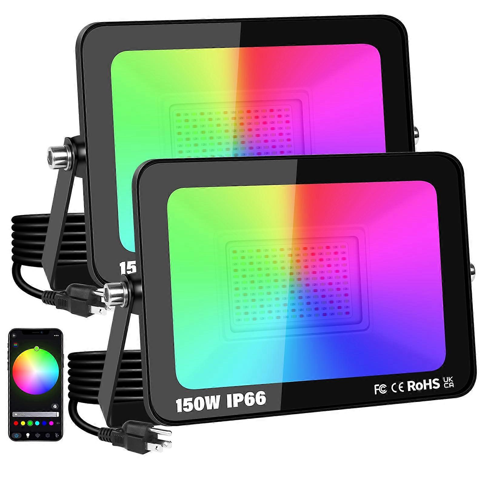 2 Pack 150W Smart LED Flood Light Outdoor RGB Color Changing with APP Control IP66 Waterproof for Garden Yard