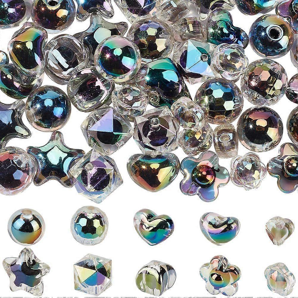 1 Box 60Pcs 10 Styles Black Acrylic Beads Large Chunky Beads Christmas AB Color Polygon Transparent Heart Round Shaped Spacer Bead for Craft DIY Keych