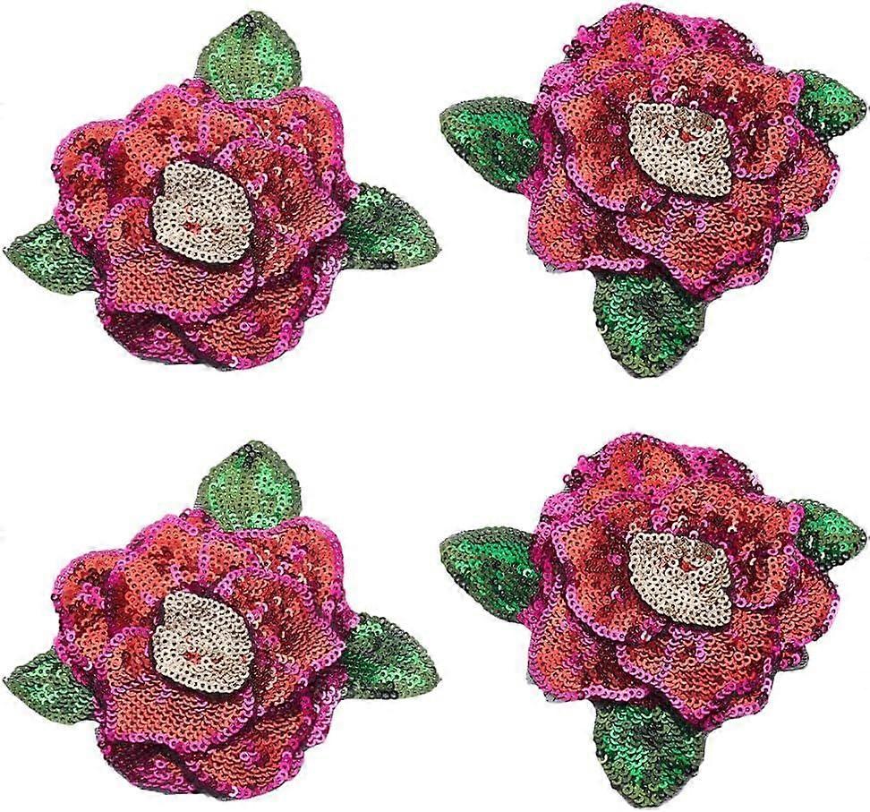 4Pcs Red Flower Sequins Patch Sequins Flower with Leaf Sew on Appliques Beaded Patches Embroidered DIY Sewing Patch Applique for Jeans Jackets Clothin