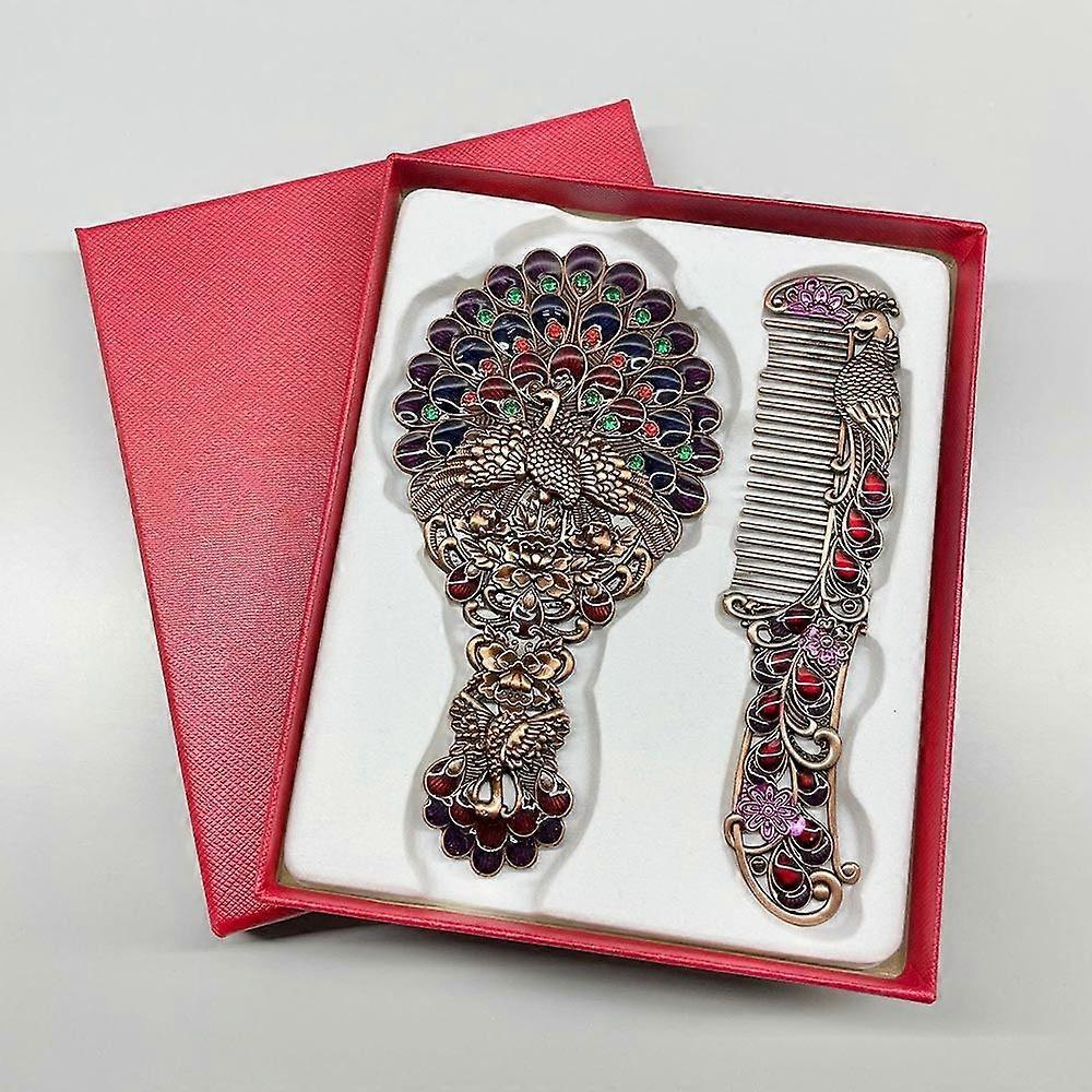 with Metal Handle Retro Small Mirror Vintage Peacock Open Screen Makeup Mirrors Comb Set Portable Handheld