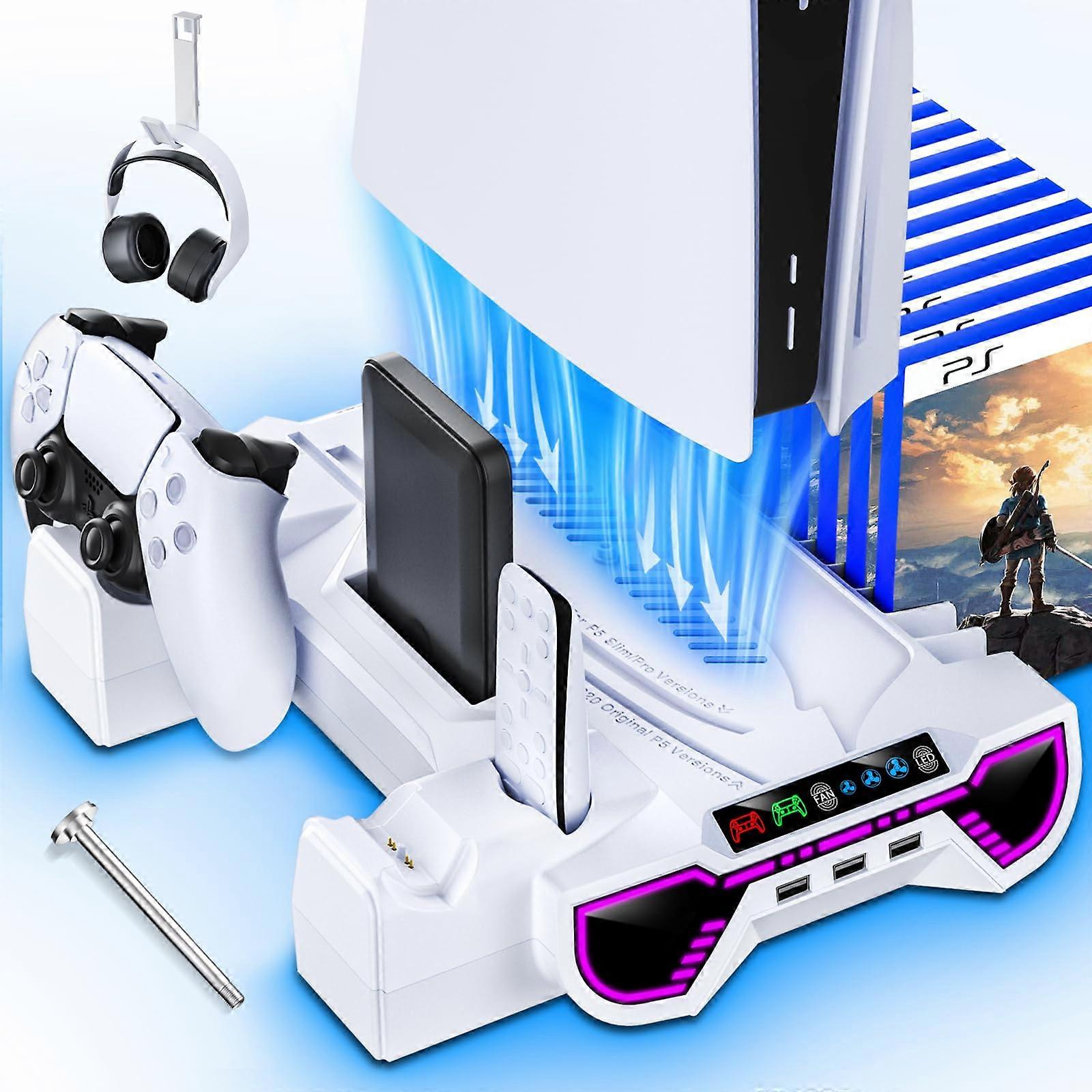 Cooling and Charging Station with LED Stand, Dual Controller Charger, Headset Holder, USB Hub, White for PS5