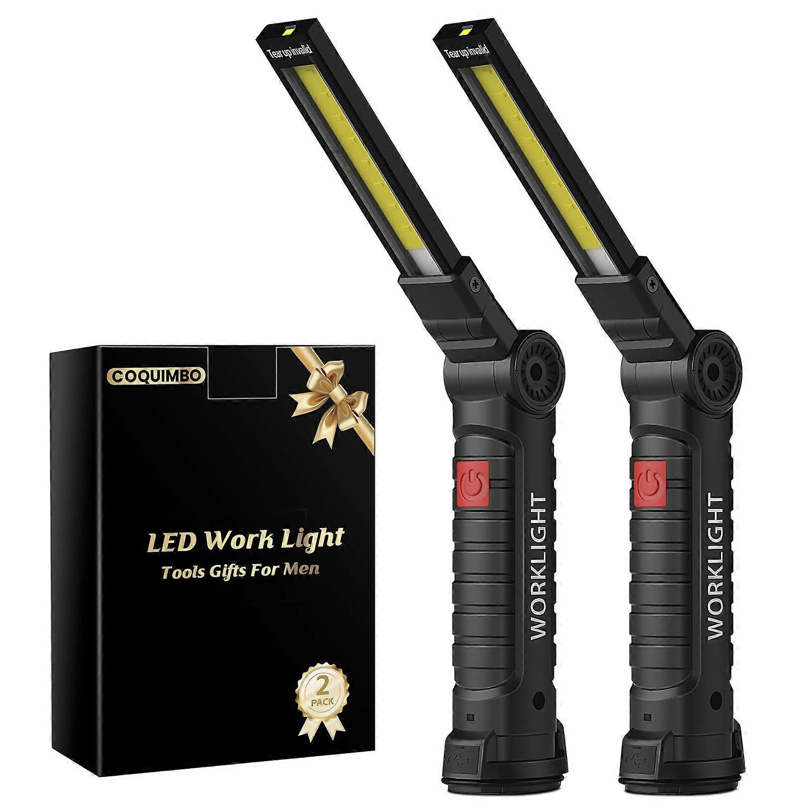 Rechargeable LED Work Light with Magnetic Base and Hook, 5 Modes, Foldable BBQ and Camping Light, 2 Pack Black