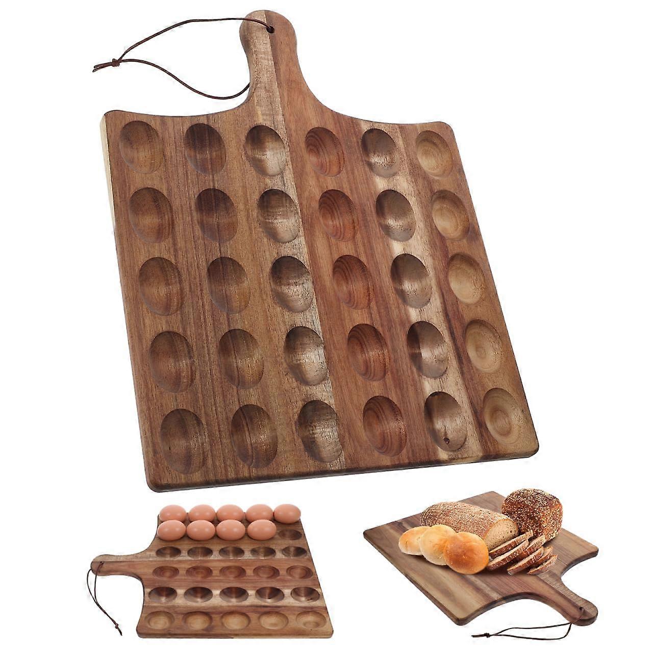 Wooden Deviled Egg Tray with Handle, Reversible 30Hole Platter for Parties Easter Thanksgiving