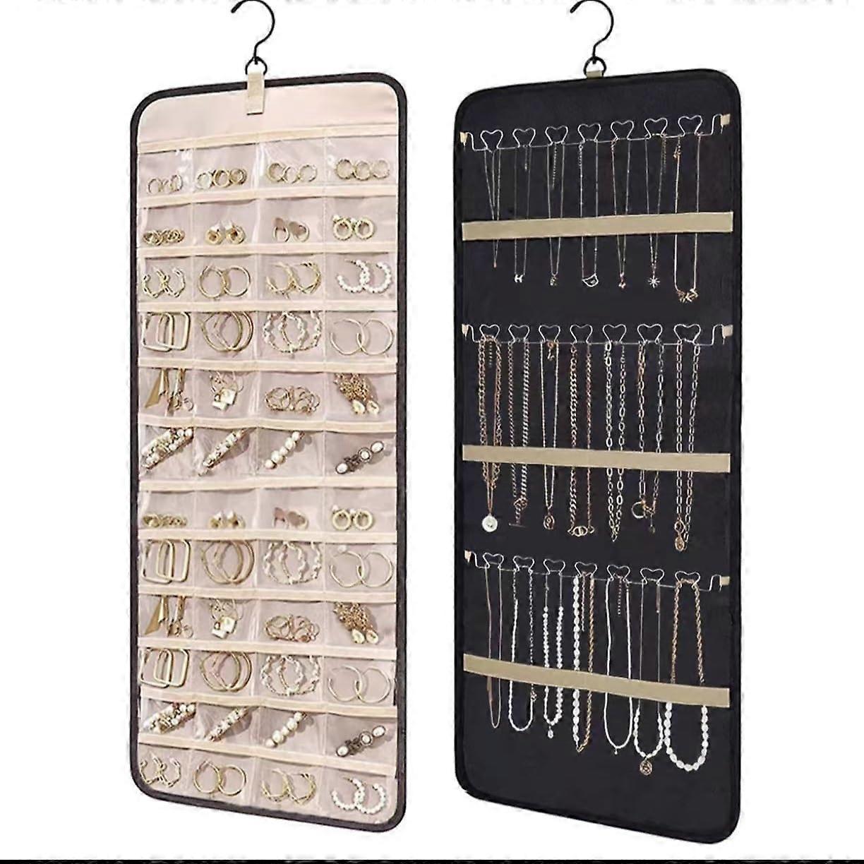 Hanging Jewelry Organizer with 48 Clear Pockets and 40 Hooks, Double Sided for Closet or Door