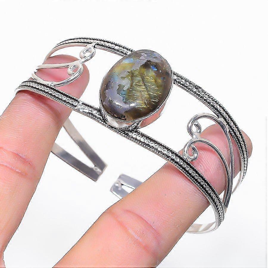 Natural Labradorite Gemstone 925 Sterling Silver Cuff Bangle Adjustable A7Q86
