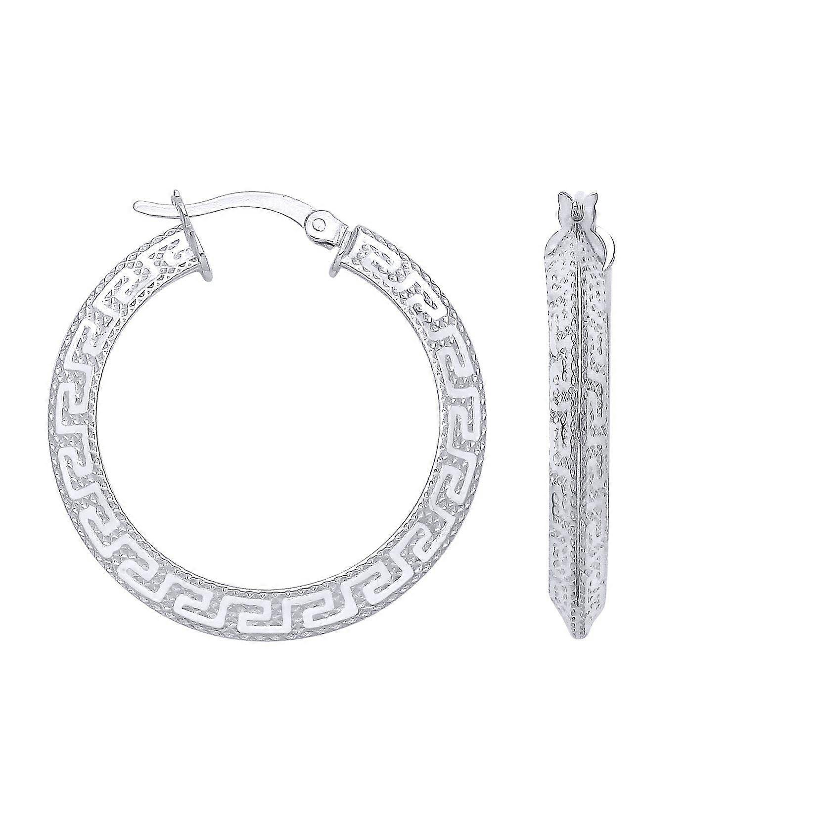 Jewelco London Ladies Rhodium Sterling Silver Knife Edge Greek Eye Flat Round Hoop Creole Earrings