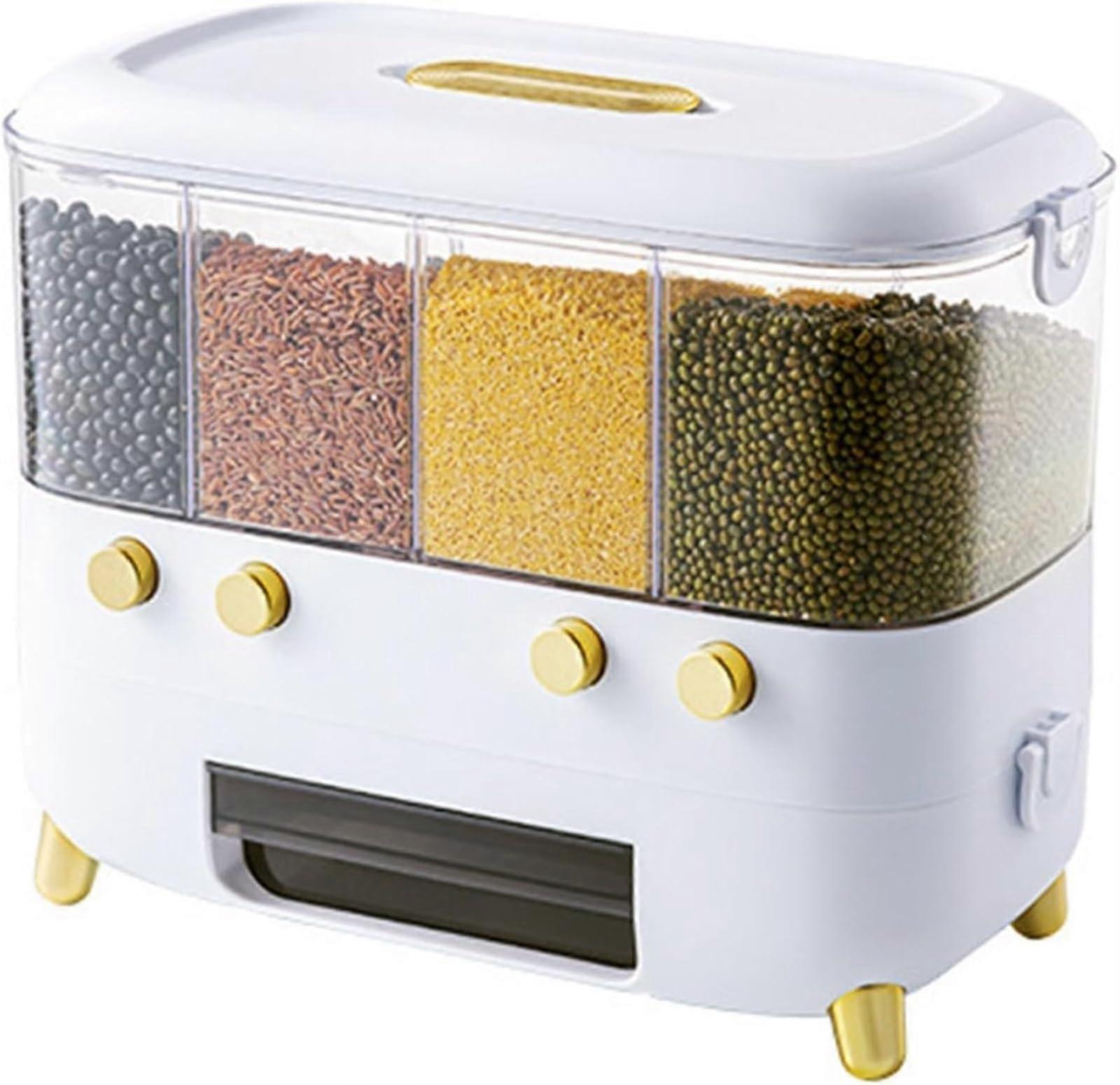Rice Dispenser with MultiGrid Cereal Storage, Transparent Waterproof Grain Box for Kitchen 4 Grid