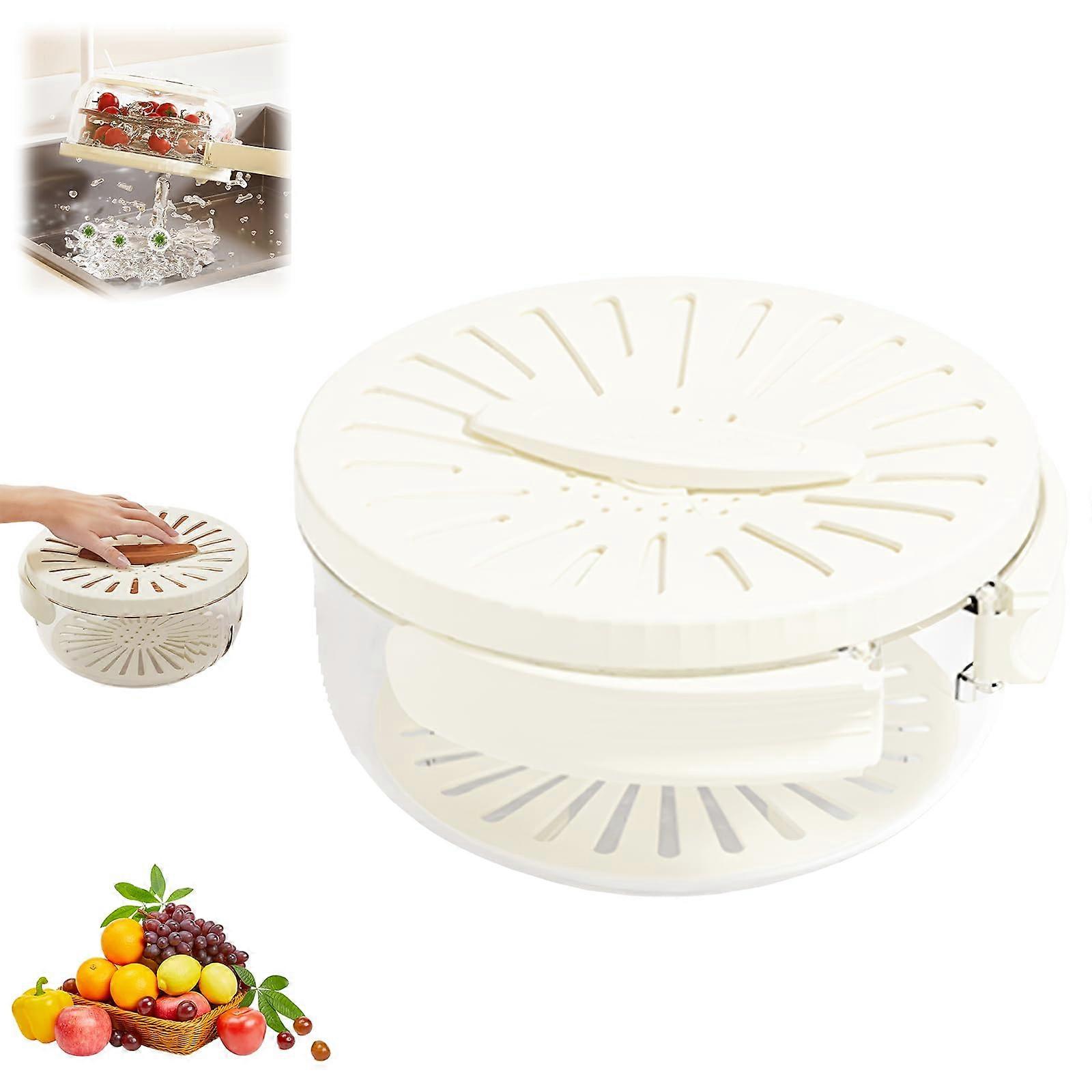 Fruit Strainer Bowl with Lid, 2 in 1 Vegetable Washing Basket, DoubleLayer Draining Kitchen Colander White