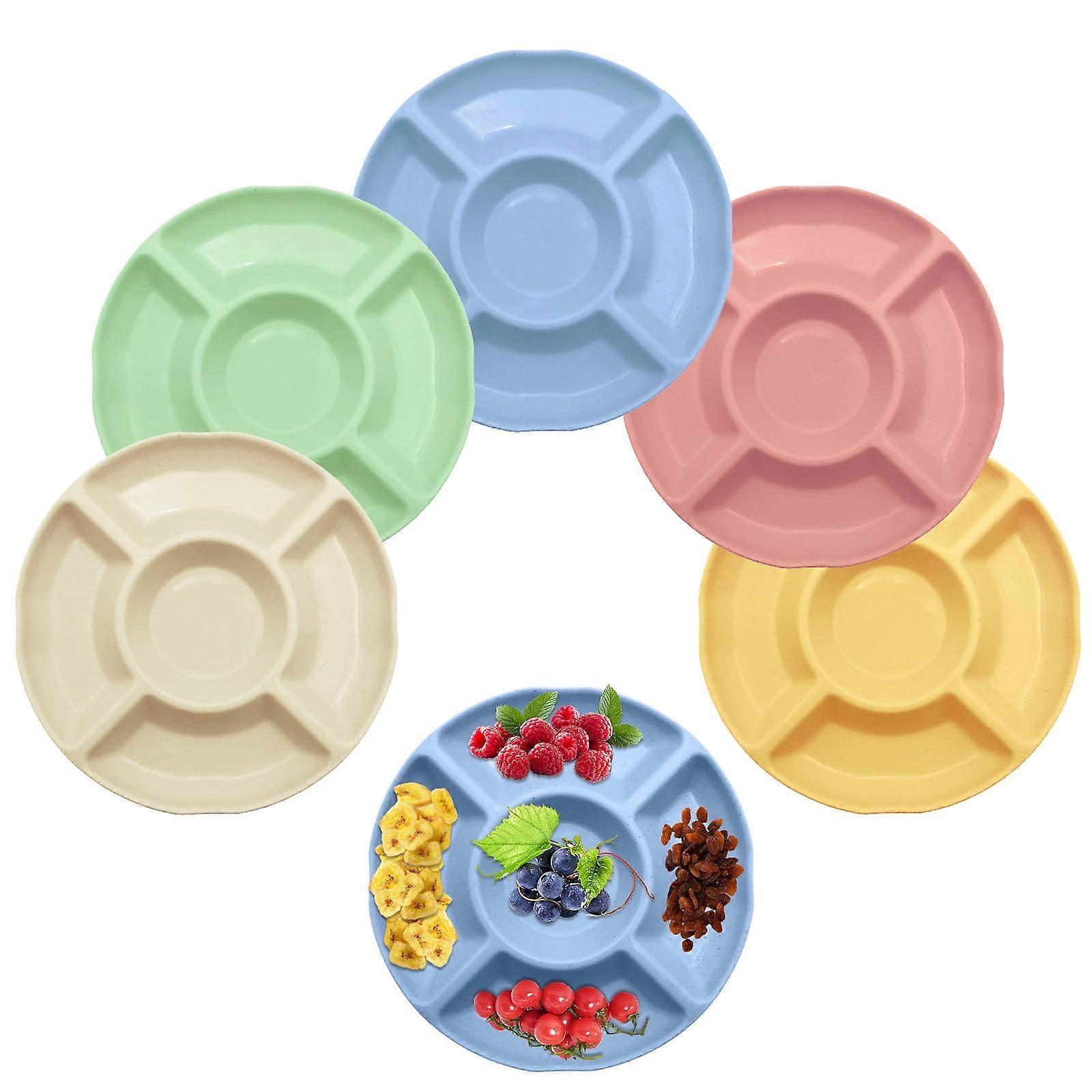 Snack Serving Tray Set of 5 Plastic Divided Plates, 5 Compartments, Stackable, Dishwasher Safe