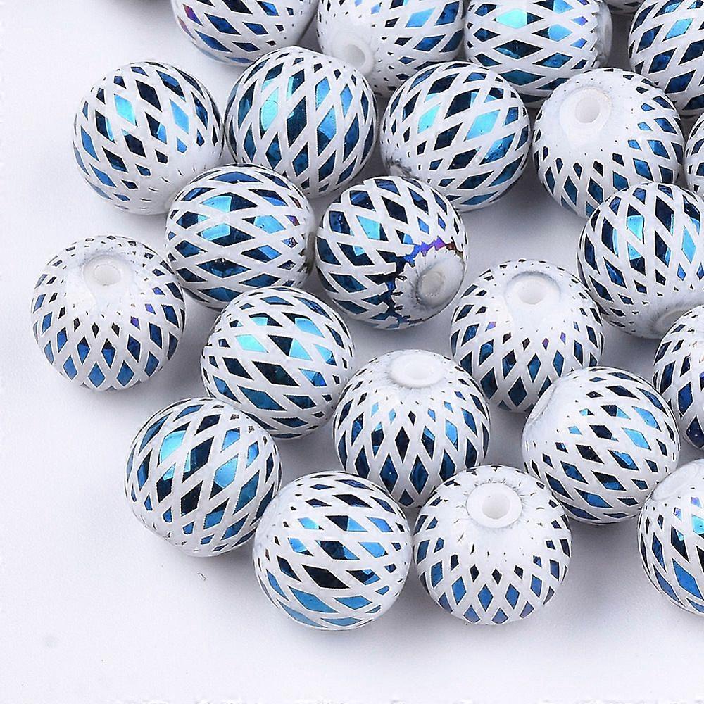 Electroplate Glass Beads Round with Rhombus Pattern Blue 8~8.5mm Hole: 1.5mm