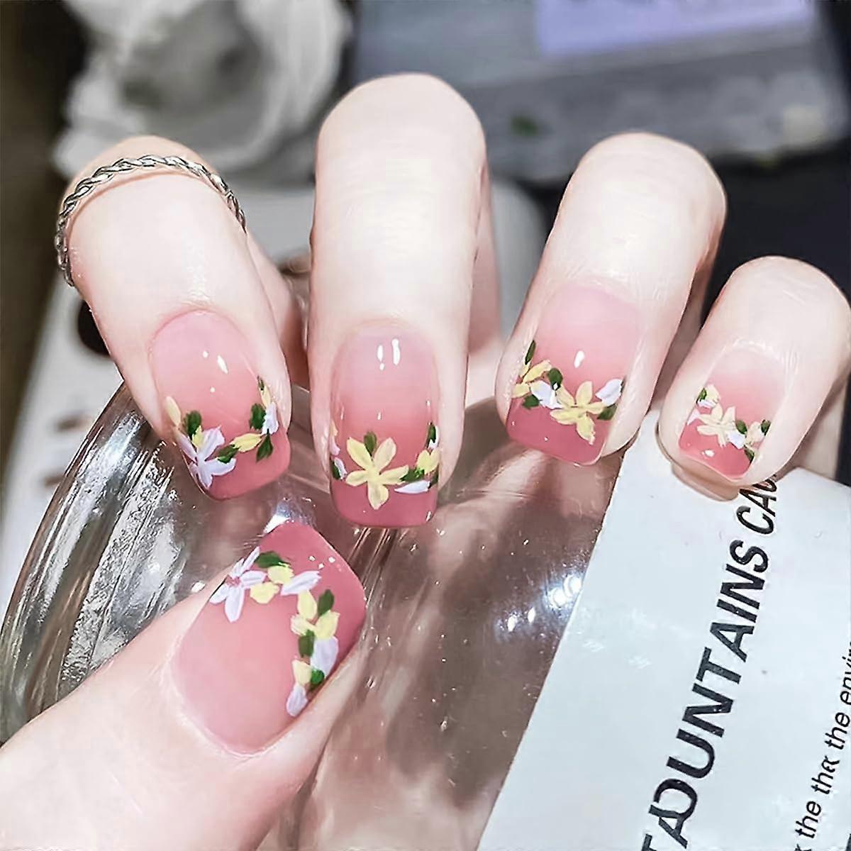 Short Square Press on Nails Pink Gradient with Flower Design Long Lasting Reusable 24 Pcs