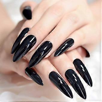 Extra Long Pointy Black Glossy Oval False Nails Full Cover Press On Nail Set with Multiple Sizes