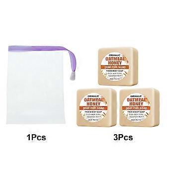 Handmade Oatmeal Honey Goat Milk Moisturizing Soap 3 Pcs with Bubble Net, for Face Hair Body Cleansing, Travel Size 100g Each