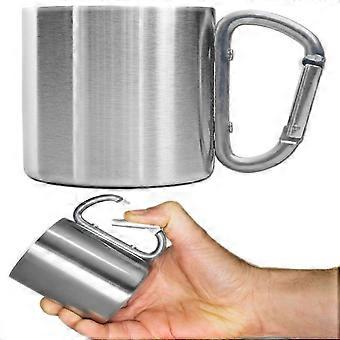 Camping mug, outdoor mug, metal mug, 200 ml, with screw carabiner, stainless steel, hiking, trekking, work, silver