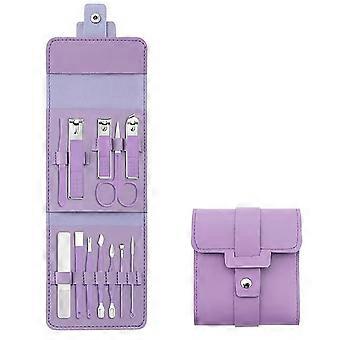 Manicure Set 12PCS Durable Stainless Steel Nail Clipper Kit for Travel Grooming Purple Compact Case