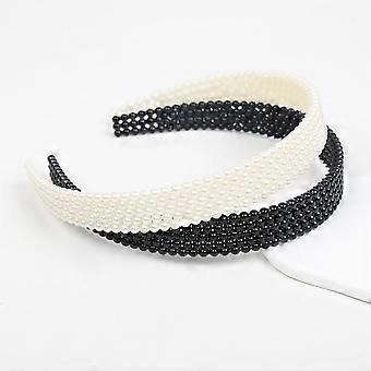 Faixas de cabelo de plástico para mulheres e meninas, 2 unidades, com pérolas, antiderrapantes e com dentes, estilo boho, elegantes, acessórios de cabelo femininos da moda, preto e branco.